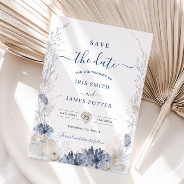 Reserva La Fecha Boda de Destino en Resort Boho Chic de Playa (boho chic beach wedding save the date cards pastel soft blue corals reefs shells oceanfront resort)