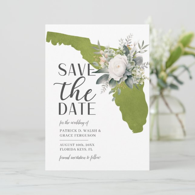 Reserva La Fecha Boda de destino floral verde musgo en Florida (Anverso de pie)