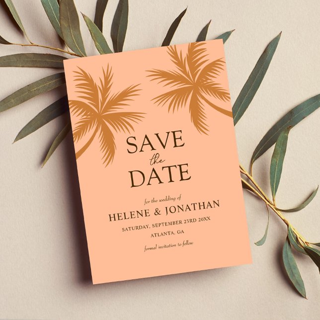 Reserva La Fecha Boda de destino tropical de palm Tree Peach (Palm Tree Peach Tropical Destination Wedding Save The Date)