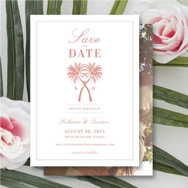 Reserva La Fecha Boda de destino tropical de palmeras nubladas (Knotted Palm Trees Tropical Wedding Save The Date Photo Announcement Card @ fatfatin_blue_knot)