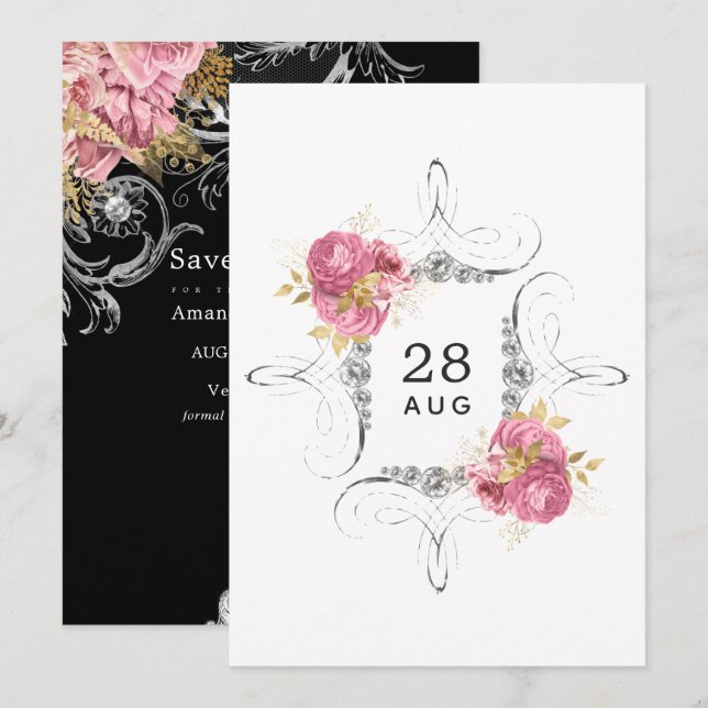 Reserva La Fecha Boda de diamantes florales rosados y dorados y pla (Anverso / Reverso)
