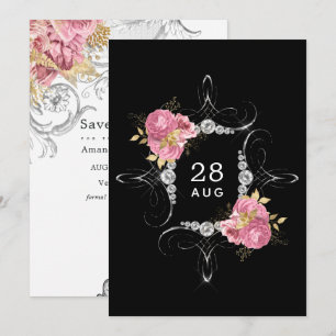 Reserva La Fecha Boda de diamantes florales rosados y dorados y pla