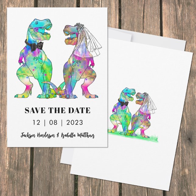 Reserva La Fecha Boda de dinosaurios coloridos (Funny colorful T-Rex bride & groom dinosaur wedding invitation artwork by artist Catherine Sweetman )