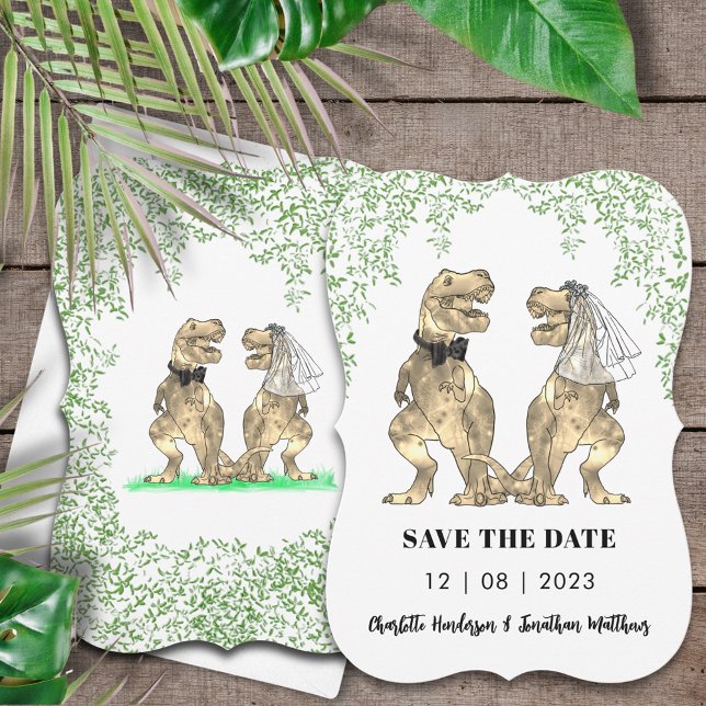 Reserva La Fecha Boda de dinosaurios T-Rex Bride y Groom (Dinosaur wedding save the date invitation with T-Rex bride & groom Jurassic jungle foliage )