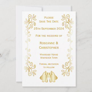 Reserva La Fecha Boda de diseño de campanas de color dorado