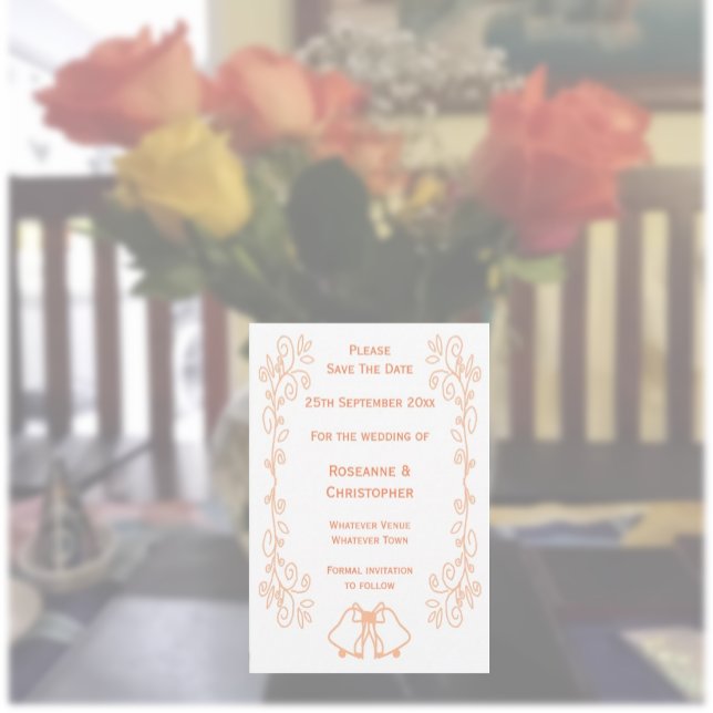 Reserva La Fecha Boda de diseño de pergaminos de pergamino (Peach wedding save the date bells and scrollwork design)