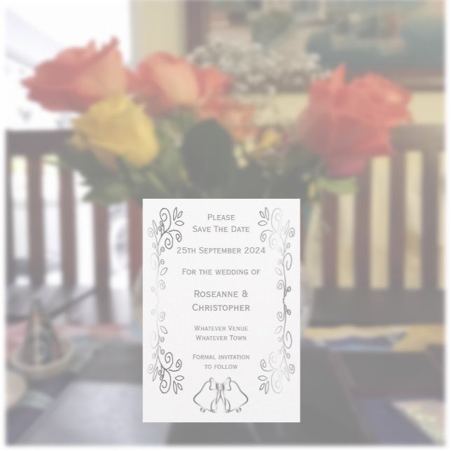 Reserva La Fecha Boda de diseño de trabajo de gamas plateadas (Silver wedding save the date card bells and scrollwork design)