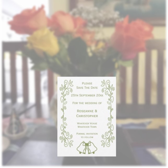 Reserva La Fecha Boda de diseño del trabajo de desplazamiento de la (Sage wedding save the date invitation bells and scrollwork design)