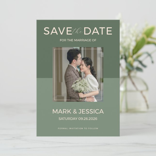 Reserva La Fecha Boda de doble felicidad Verde Salvia (Anverso de pie)