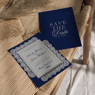 Reserva La Fecha Boda de encaje azul marino vintage y dinero antigu