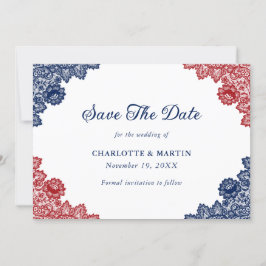 Reserva La Fecha Boda de encaje floral azul y rojo de la marina