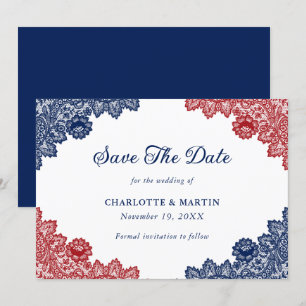 Reserva La Fecha Boda de encaje floral azul y rojo ruso de la marin