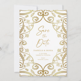 Reserva La Fecha Boda de encaje floral dorado con brillo de naranja