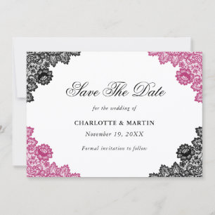 Reserva La Fecha Boda de encaje floral rosa caliente y negro