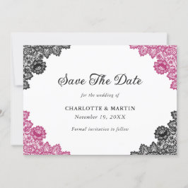 Reserva La Fecha Boda de encaje floral rosa y negro caliente