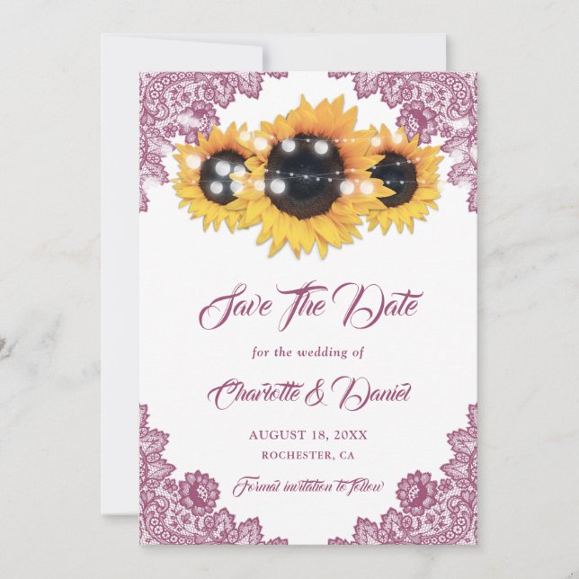 Reserva La Fecha Boda de encaje floral rústico girasol rosa (Anverso)