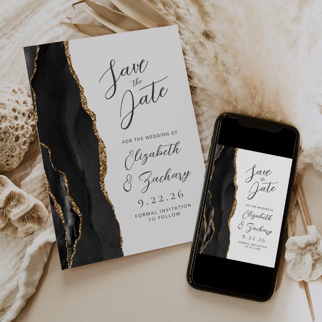 Reserva La Fecha Boda de escritura moderna Agate Black Gold (Subido por el creador)