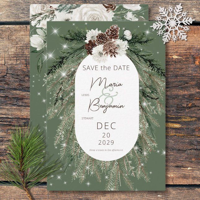 Reserva La Fecha Boda de espuma de invierno de pino verde ruso (Rustic Green Pine Winter Sparkle Wedding Save The Date)