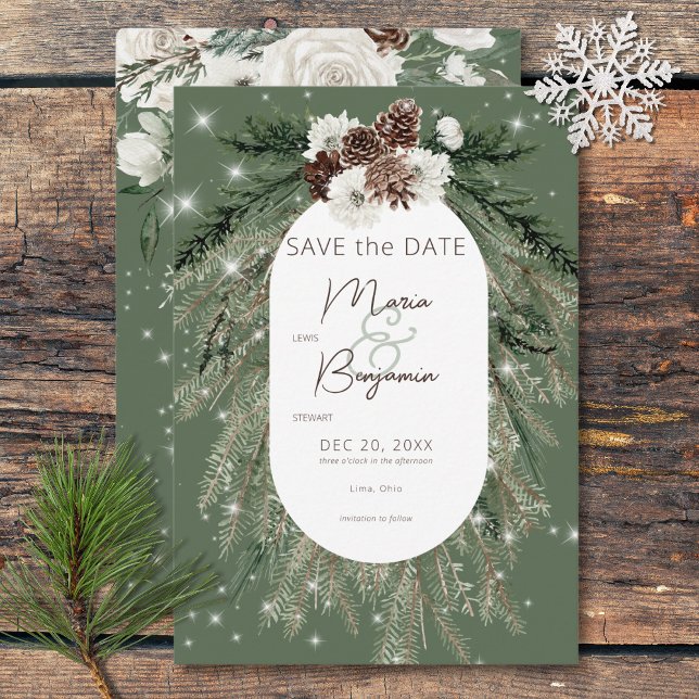 Reserva La Fecha Boda de espuma de invierno de pino verde ruso (Rustic Green Pine Winter Sparkle Wedding Save The Date)