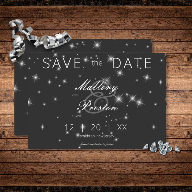 Reserva La Fecha Boda de espuma de invierno negro de carbón vegetal (Modern Charcoal Black Winter Sparkle Save the Date Card)