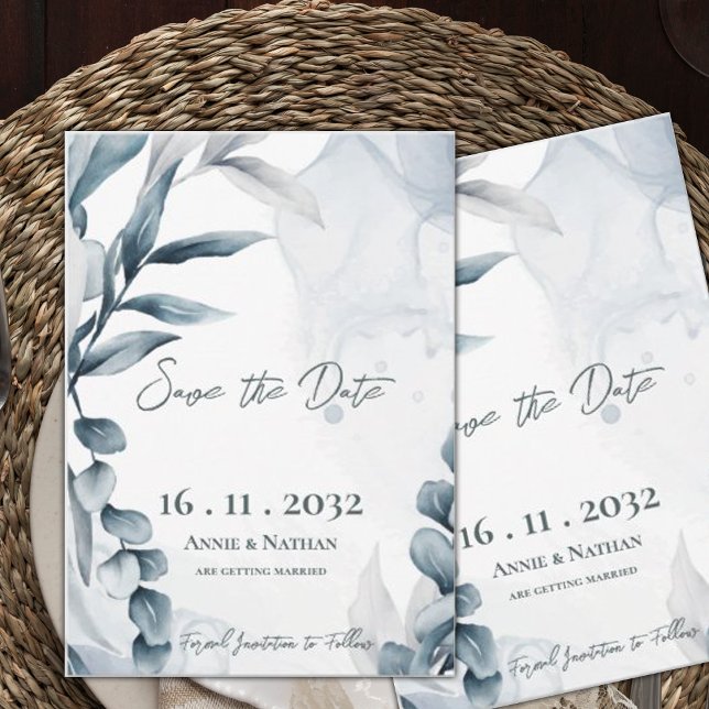 Reserva La Fecha Boda de Eucalipto Azul Polvoriento (Dusty Blue Eucalyptus Leaves Elegant Wedding Save The Date)