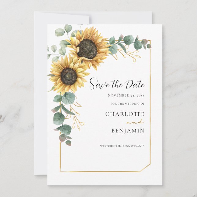 Reserva La Fecha Boda de Eucalyptus de girasol floral (Anverso)