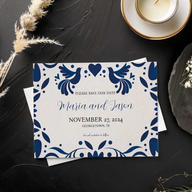 Reserva La Fecha Boda de Fiesta Elegante de Floral Azul Otomí (Mexican Otomi Blue Floral Elegant Fiesta Wedding Save The Date)