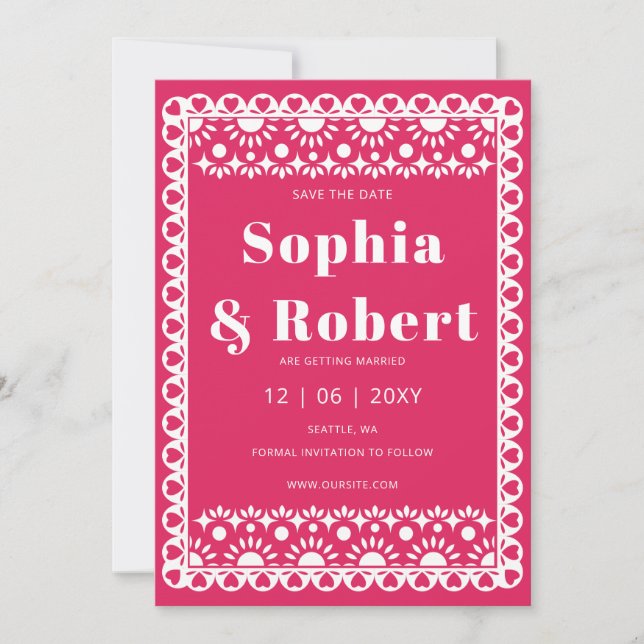 Reserva La Fecha Boda de Fiesta Rosa Papel Picado Boho (Anverso)