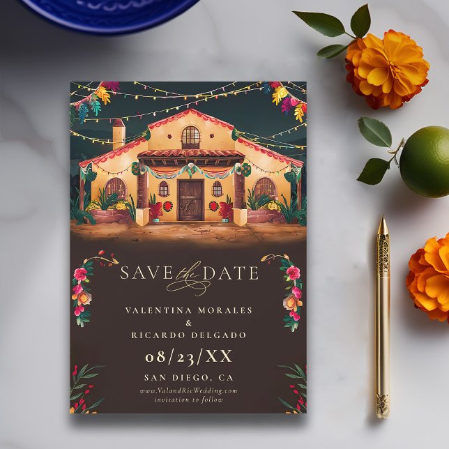 Reserva La Fecha Boda de Fiesta Rústica Mexicana (rancho mexican wedding save the date fiesta hacienda watercolor floral frame elegant modern)