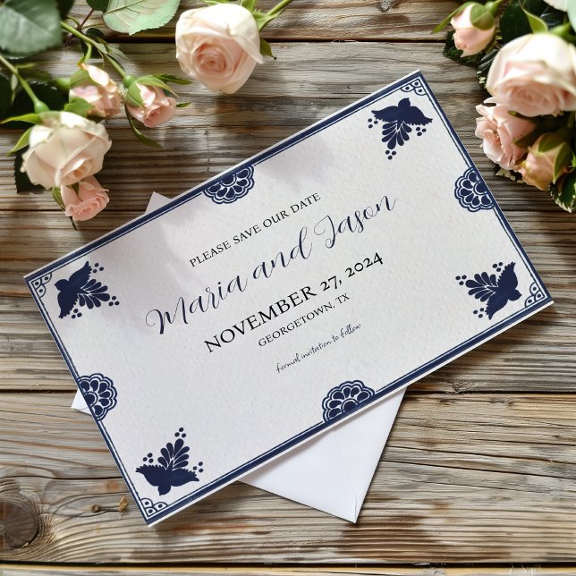 Reserva La Fecha Boda de Fiesta Sencillo Floral Azul Mexicano (Mexican Blue Floral Otomi Simple Fiesta Wedding Save The Date)