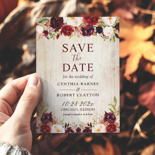 Reserva La Fecha Boda de Floral Roja Rusa Wood Burgundy