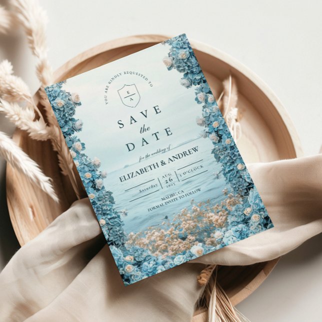 Reserva La Fecha Boda de flores azules costeras pastel (Subido por el creador)