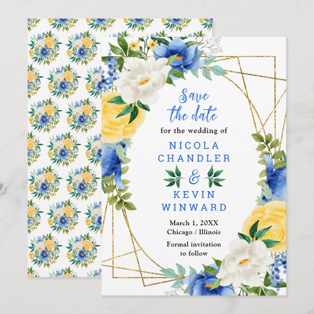 Reserva La Fecha Boda de flores azules y amarillas (Anverso / Reverso)
