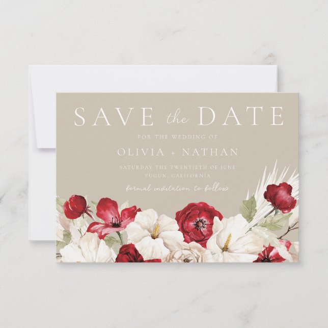 Reserva La Fecha Boda de flores blancas y rojas (Anverso)