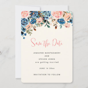 Reserva La Fecha Boda de flores de acuarela rosa y azul