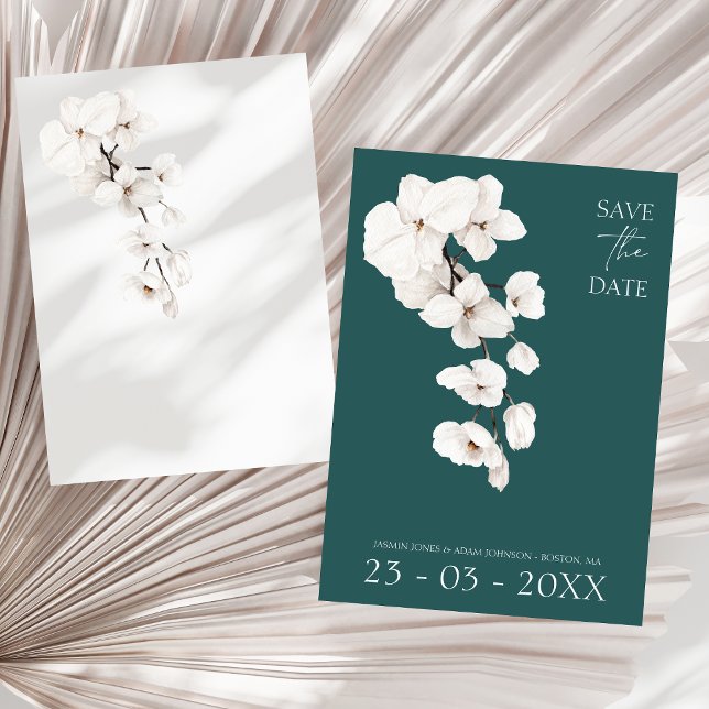 Reserva La Fecha Boda de flores de orquídeas blancas verde esmerald (Modern Emerald Green White Orchids Flowers Wedding Save The Date)
