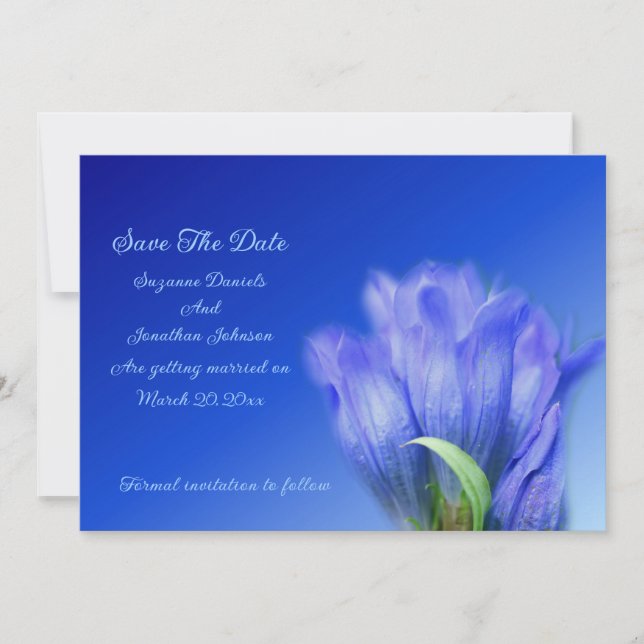 Reserva La Fecha Boda de flores gentianas azules (Anverso)
