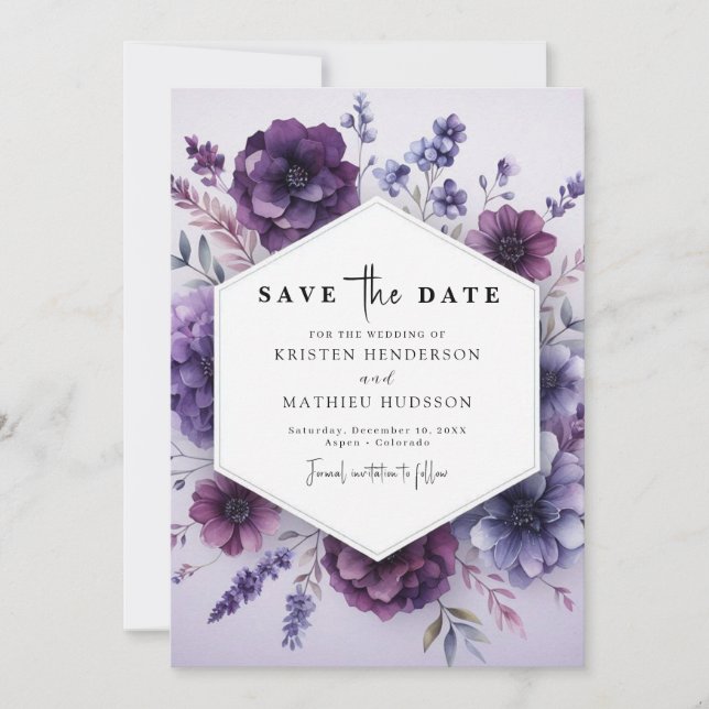 Reserva La Fecha Boda de flores moradas imprimible con estilo (Anverso)