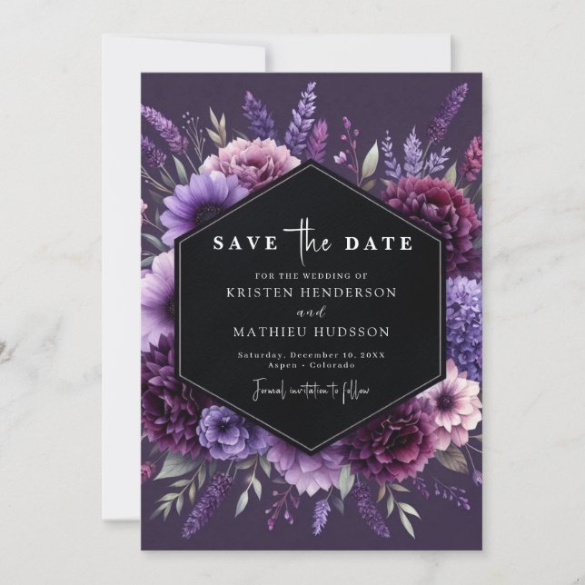 Reserva La Fecha Boda de flores moradas personalizado digital (Anverso)