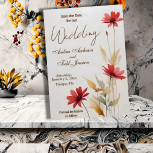 Reserva La Fecha boda de flores rojas de color agua minimalista