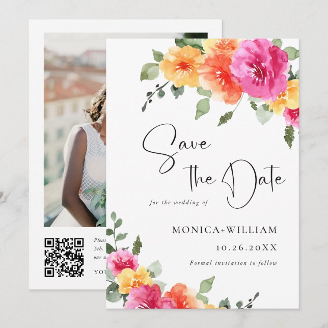 Reserva La Fecha Boda de Flores Rosa Brillantes de acuarela festiva (Anverso / Reverso)