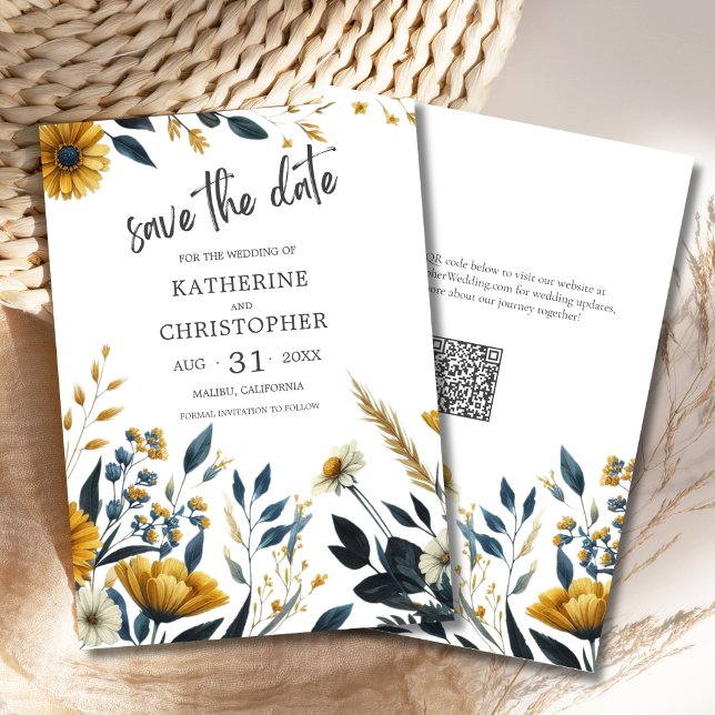 Reserva La Fecha Boda de flores silvestres amarillo elegante azul (Blue Yellow Wildflower Floral Elegant Save the Date Card with QR Code for Wedding Website.)