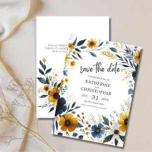 Reserva La Fecha Boda de flores silvestres amarillo elegante azul