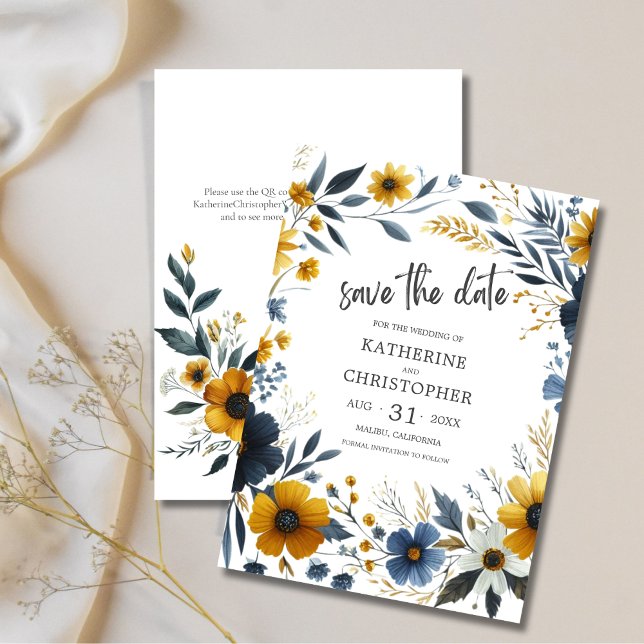 Reserva La Fecha Boda de flores silvestres amarillo elegante azul (Blue Yellow Wildflowers Save the Date with QR Code for wedding website.)