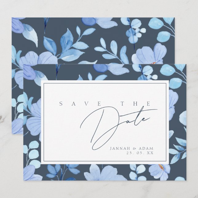 Reserva La Fecha Boda de flores silvestres azules simples (Anverso / Reverso)