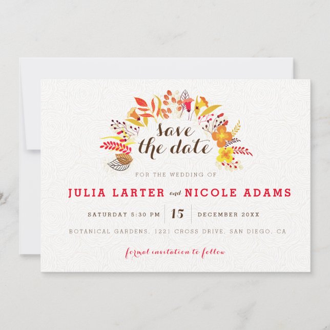 Reserva La Fecha Boda de flores silvestres boho naranja púrpura (Anverso)