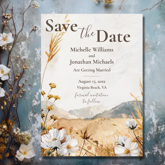 Reserva La Fecha Boda de flores silvestres de bonito Boho Mountain (Front - Pretty Boho Mountain Wildflower Wedding Save The Date)