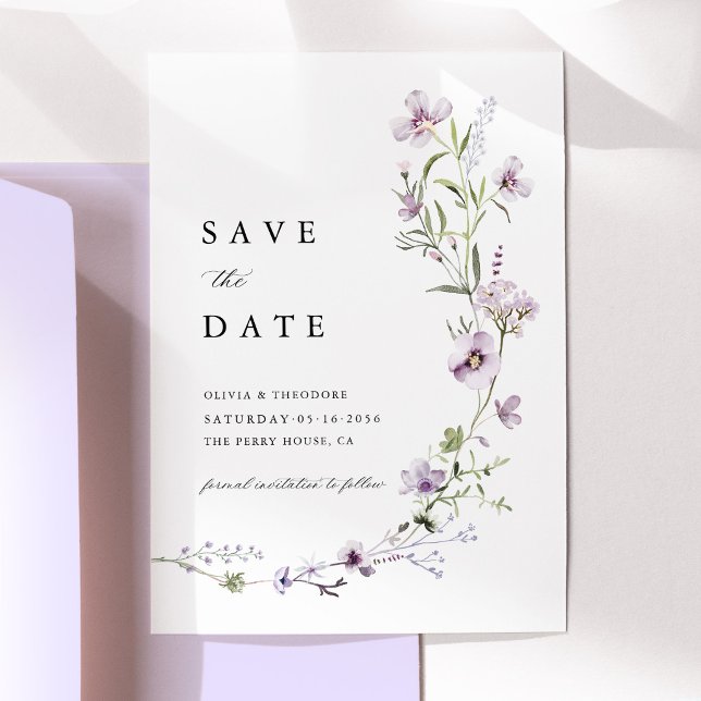 Reserva La Fecha Boda de flores silvestres de lavanda (Lavender Wildflower Save the Date Card, Lilac Purple Floral Botanical Wedding Announcement Card)