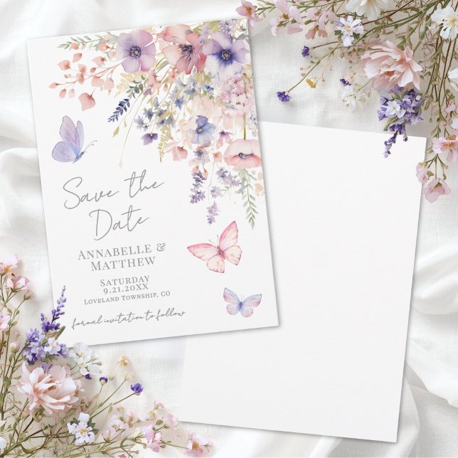 Reserva La Fecha Boda de flores silvestres de mariposas (Butterfly Wildflower Wedding Save the Date)