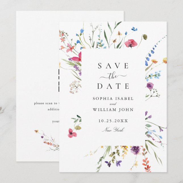 Reserva La Fecha Boda de flores silvestres elegantes acuarela (Anverso / Reverso)